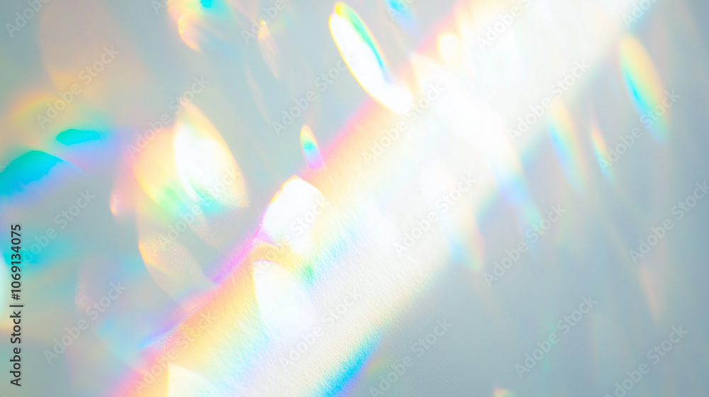 Wall mural dreamy holographic rainbow light refraction texture overlay with abstract soft bokeh effect on a whi