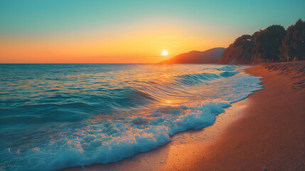 Obraz premium A beautiful beach with soft waves, the sun setting in the background, creating a serene and captivating scene of tranquility and beauty.