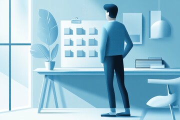 male project manager analyzes tasks in modern office, illustration in blue tones. planning and productivity concept, deadline, time management. efficiency at work, business, entrepreneurship.
