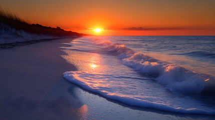 A beautiful beach with soft waves and the sun setting in the background, creating an enchanting scene of tranquility and beauty