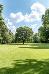 Obraz premium Lush green park with a large tree in the center