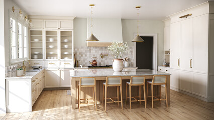 Rendering of a classic kitchen in the American style 3.3D illustration