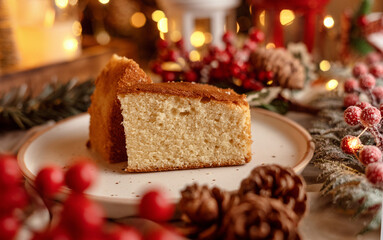 Cake surrounded by festive decorations, creating a cozy holiday vibe. Perfect for Christmas, holiday season, or festive celebrations. Keywords: Christmas cake, holiday food.