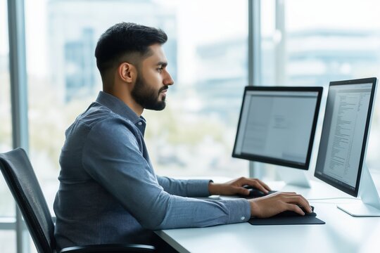 Male professional working on computer in modern office environment, side view, focusing on screens, sleek design