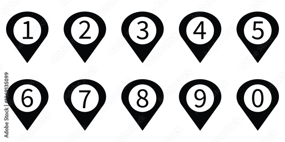 Fototapete Number buttons. Black buttons numbers with location isolated on white background, vector design elements. Simple number illustration.
