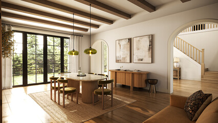 Classic dining room in American style. 3d illustration