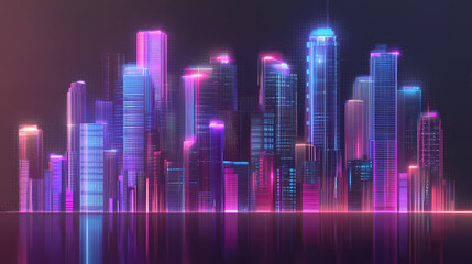 Obraz premium Neon city skyline with illuminated buildings, a futuristic metropolis panorama cyberpunk architecture isolated, glowing against transparent background. Cyberpunk. Illustration