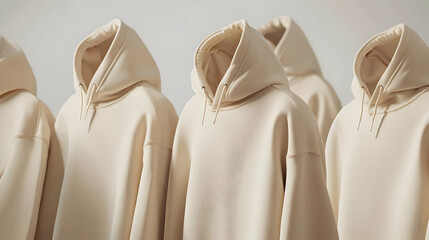 Hoodie Mockup - A collection of beige hoodies displayed in a row, emphasizing fashion and style.