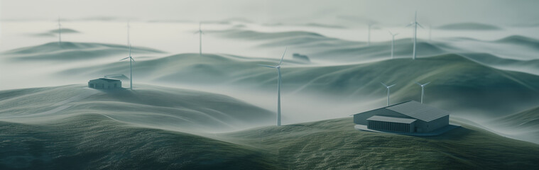 A panoramic view of a misty landscape with multiple wind turbines scattered across rolling hills. Fog obscures the details of the terrain and two small houses