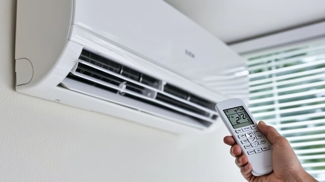 Hand Holding Remote Control, Adjusting Temperature Of Air Conditioner On White Wall, Cooling System