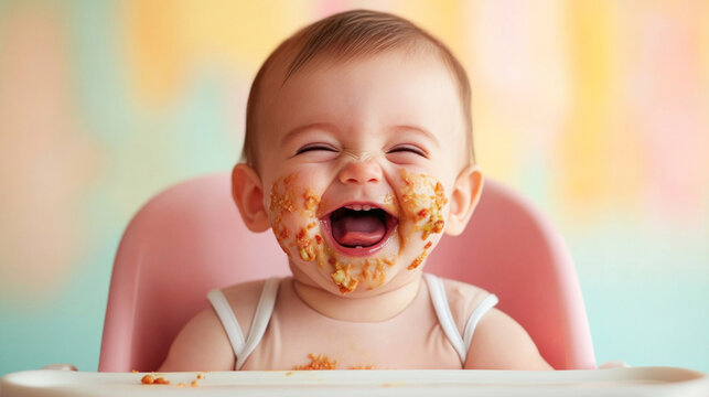 Happy baby enjoying eating in high chair with food all over face