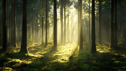 Obraz premium A quiet forest glade featuring tall trees and a soft carpet of moss, with sunlight gently filtering through the foliage, creates a serene and magical woodland atmosphere.