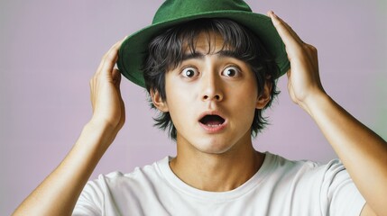 Fototapeta premium Surprised young man in green hat expressing shock against pastel backdrop