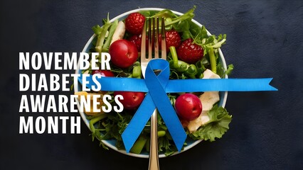 Blue Ribbon on Fork with Healthy Meal for November Diabetes Awareness