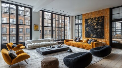 Modern urban loft with stylish interior design and large windows in city setting