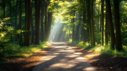 Fototapeta premium A quiet forest path flanked by tall trees, with sunlight streaming through the leaves, creating a tranquil and inviting atmosphere