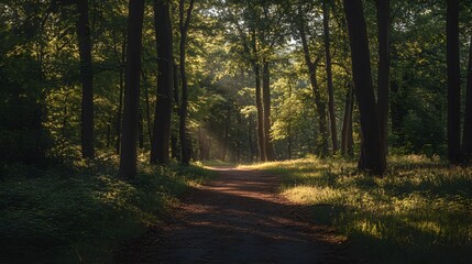 Obraz premium A quiet forest path flanked by tall trees, with sunlight streaming through the leaves, creating a tranquil and inviting atmosphere
