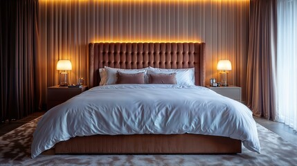 Luxurious modern bedroom with elegant lighting and plush bedding