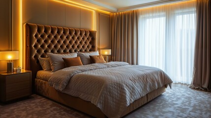 Cozy bedroom with ambient lighting and modern decor