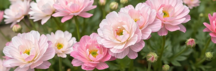 Fototapeta premium Close up of beautiful pink and white ranunculus flowers blooming in a garden soft