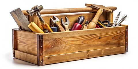 Isolated wooden toolbox with tools