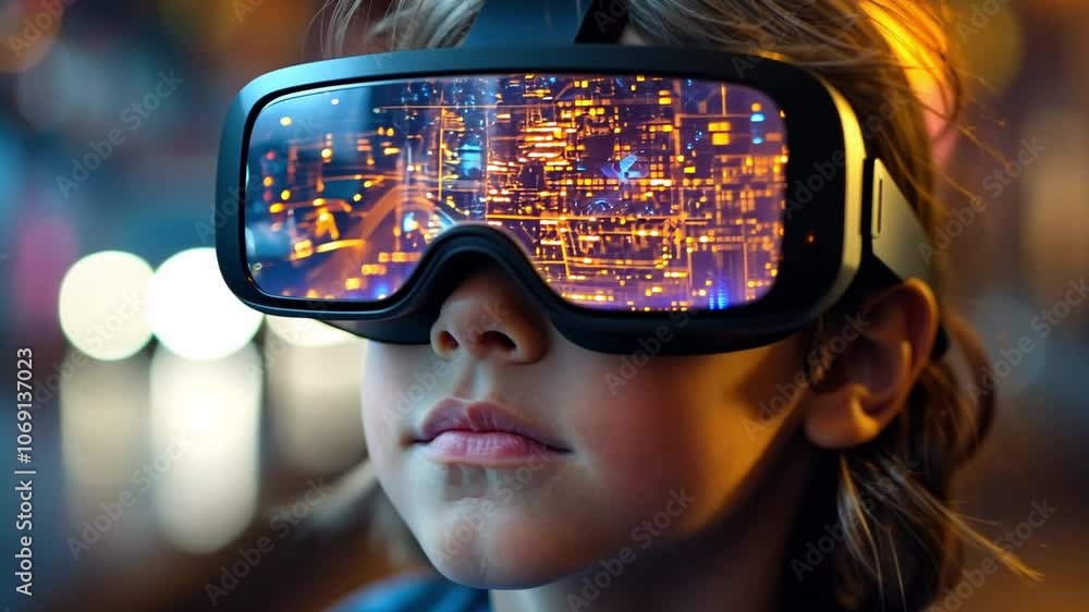 Poster young child exploring virtual reality with immersive goggles in a vibrant indoor setting at twilight