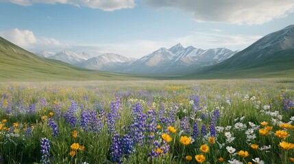 Obraz premium A quiet meadow adorned with colorful wildflowers, gently swaying in the breeze, with a distant mountain range forming a serene backdrop