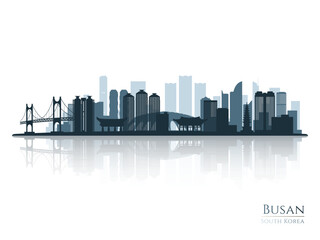 Fototapeta premium Busan skyline silhouette with reflection. Landscape Busan, South Korea. Vector illustration.
