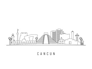 Obraz premium Detailed Cancun skyline vector illustration. Cancun buildings in line art style, perfect for modern designs.