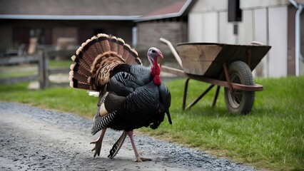 Fanned Turkey Walking Near Farmhouse with Wheelbarrow