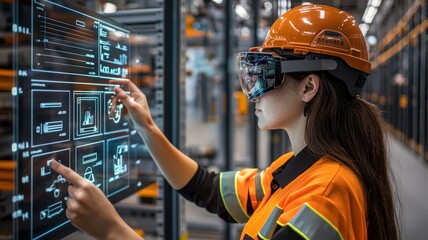 Inventory management demand replenishment concept. A woman in safety gear uses augmented reality to interact with digital displays in a warehouse setting.