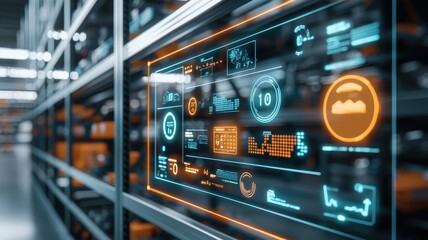 Inventory management concept. A digital control panel displaying visual data analytics in an industrial setting with shelves filled with storage items.