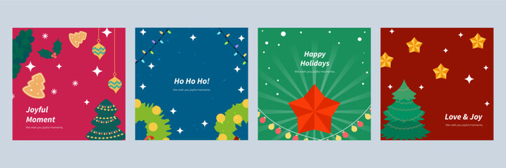 Festive Holiday Cards With Christmas Ornaments. Set of four holiday cards featuring Christmas ornaments and festive decorations. Perfect for celebrating the joyful moments of the season