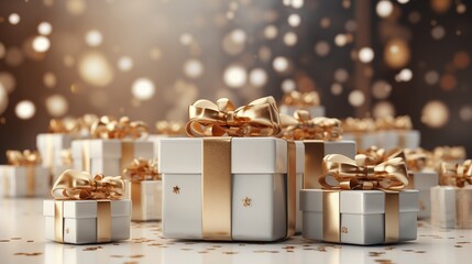 Elegant white gift boxes with golden ribbons hover over a beige background, showcasing modern design.