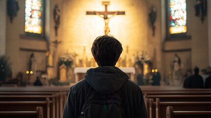 Naklejka premium person standing in church, reflecting in serene atmosphere