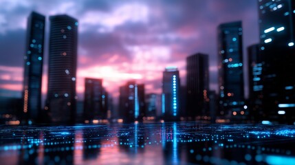 Obraz premium moving forward to the urban city, futuristic modern technology theme, glowing light ground with buildings background
