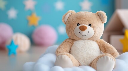 cute brown teddy bear on bed at home with decorated lights