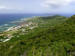 view on top of La Desirade island, west indies. Part of guadeloupe archipelago. Nature landscape above the atlantic ocean 