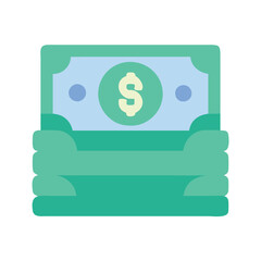 Stack of Dollar Bills Icon in Green, Illustration of a stack of green dollar bills with a dollar symbol, representing wealth, income, and savings, ideal for financial and banking applications.
