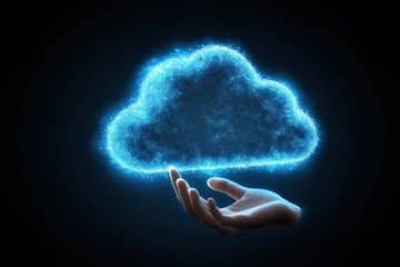 Glowing blue cloud floating over hand representing digital storage cloud based solutions and secure data management in a virtual tech landscape