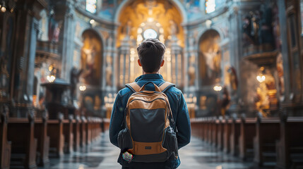 Obraz premium traveler with backpack admires stunning architecture of church