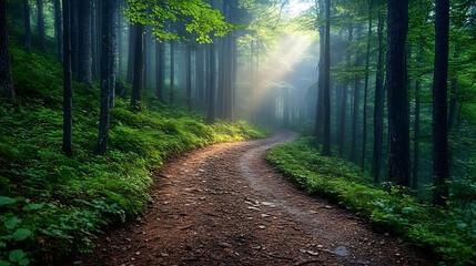 Fototapeta premium A Serene Journey Through a Misty Forest Path Surrounded by Dense Foliage and Natural Splendor