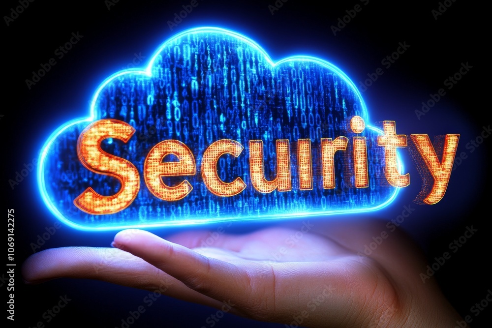 Poster hand holding blue “security” cloud in dark setting symbolizing cyber defense data protection and sec