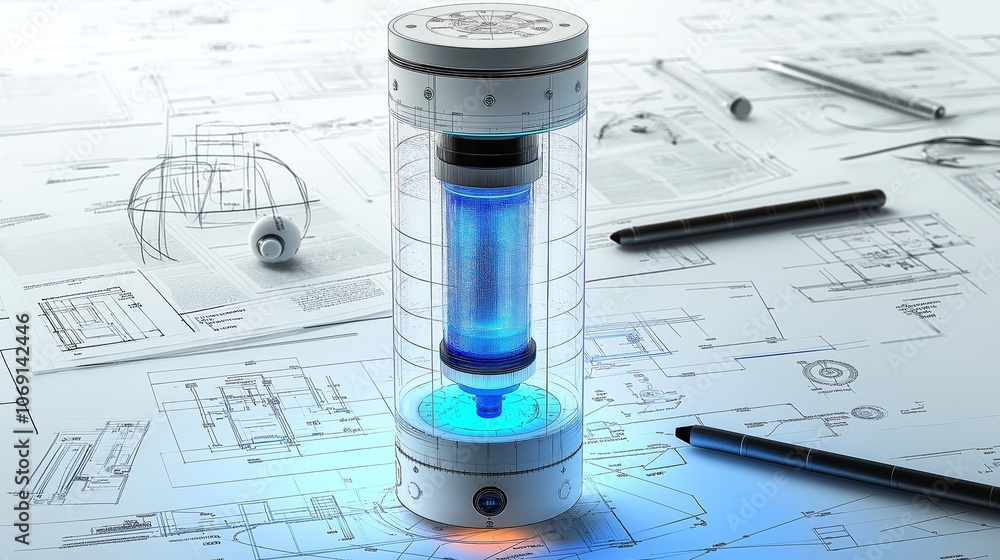 Poster high-tech energy cylinder with blue light in transparent tube, representing advanced technology and 