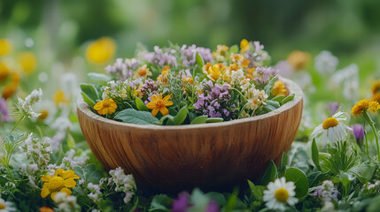 An idyllic depiction of a rustic wooden basket brimming with colorful wild herbs resting in a lush green meadow framed by splendid blooming flowers.