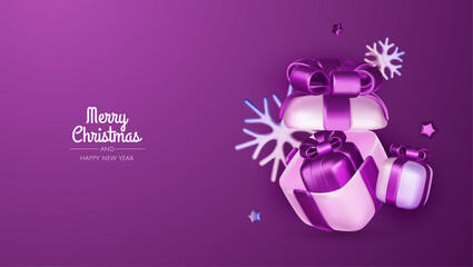 Merry christmas greeting card vector poster. Christmas elegant invitation template with xmas balls, xmas tree and snowflakes. Vector illustration holiday season greeting