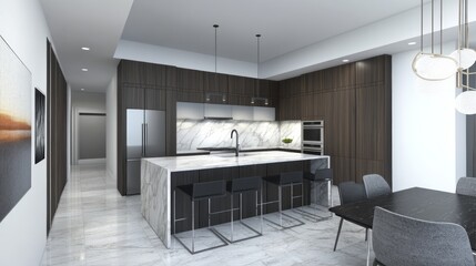 Modern Kitchen and Dining Area with Marble Countertops and Island