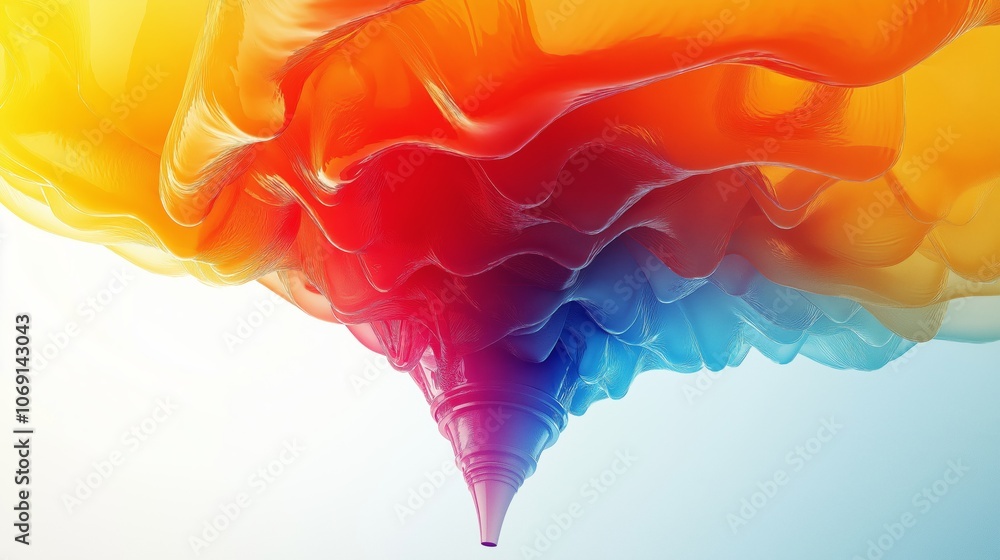 Poster abstract cone shape with fluid colors in red, orange, and blue, representing creativity and imaginat
