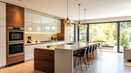 Fototapeta premium Modern Kitchen with Island, White Cabinets, and Glass Pendant Lights