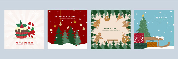 Festive Holiday Cards With Christmas Ornaments. Set of four holiday cards featuring Christmas ornaments and festive decorations. Perfect for celebrating the joyful moments of the season